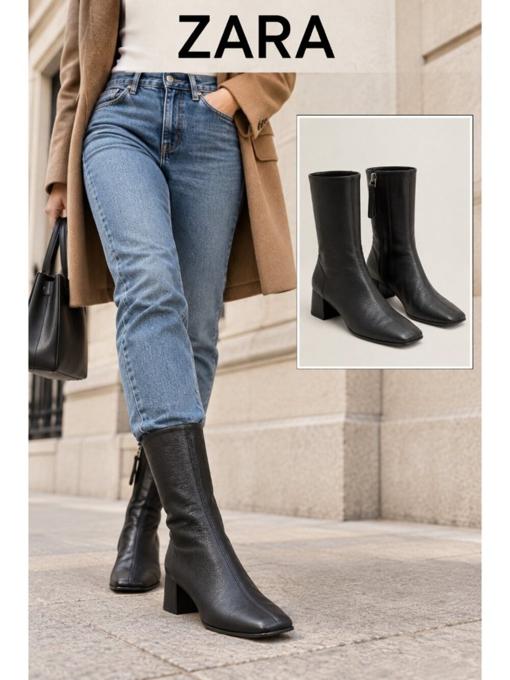 Zara Black Genuine Leather Square Toe Ankle Boots EU 37 Side Zip Block Heel